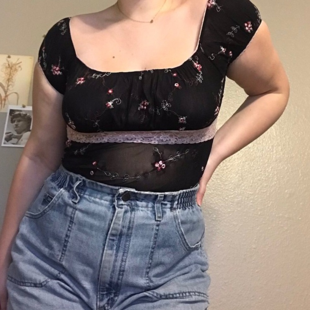 Vintage Milkmaid Embroidered Floral Mesh Top